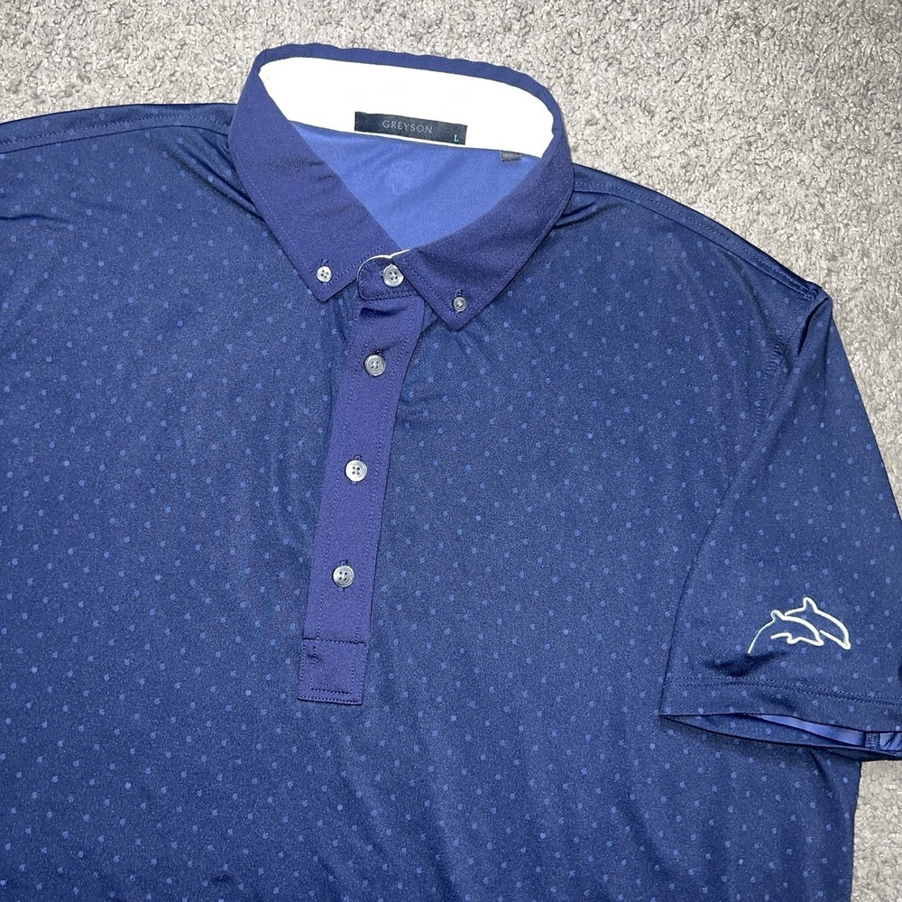 Greyson Mens L Polo Shirt Navy AOP‎ Dotted Performance Short Sleeve Golf Polo